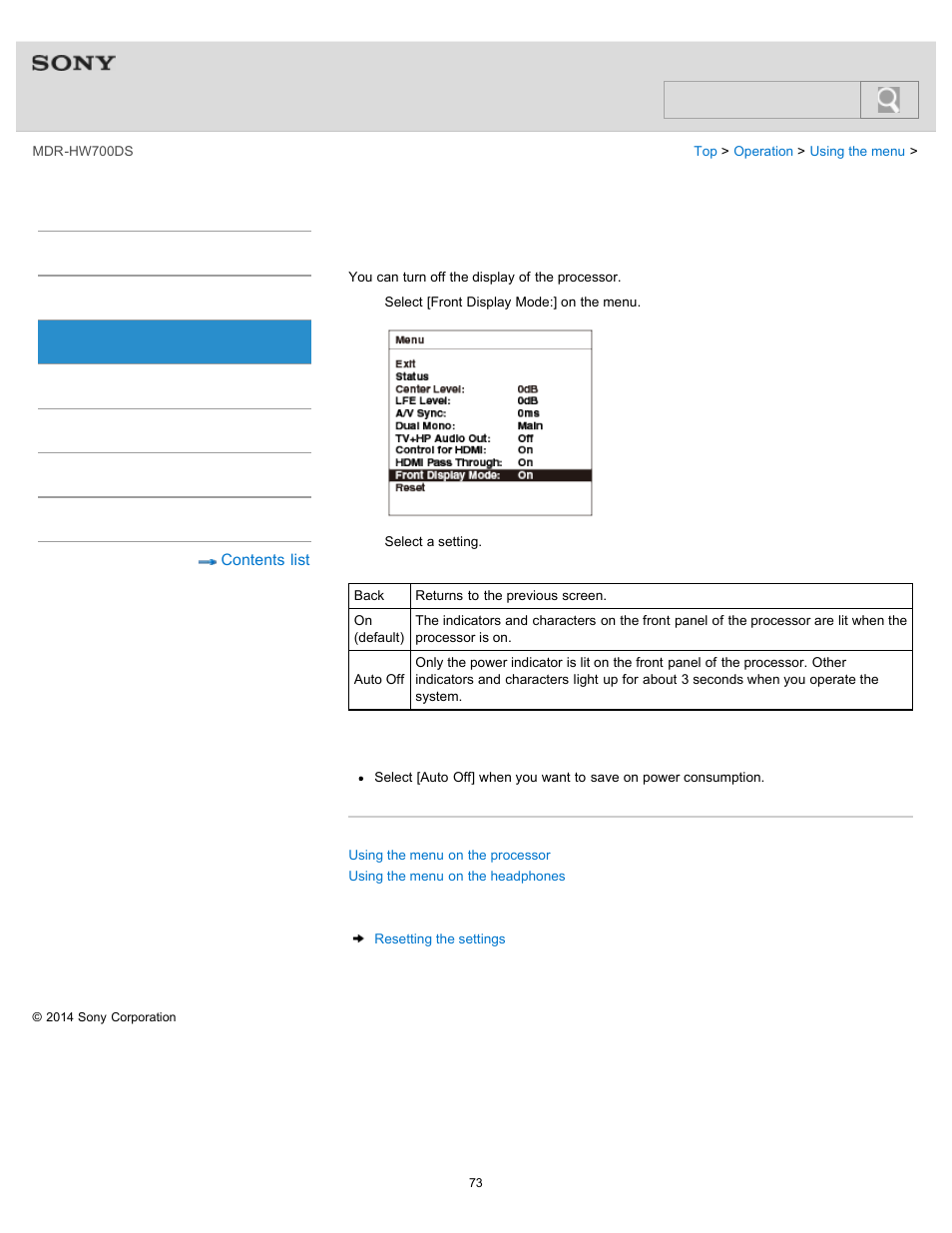 Selecting the front display mode of the processor, Help guide, Search | Sony MDR-HW700DS User Manual | Page 77 / 117