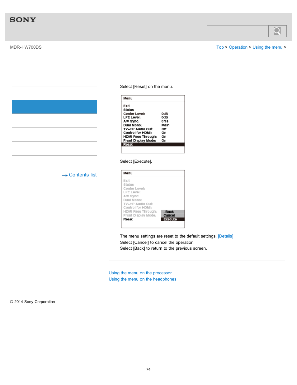 Resetting the settings, Help guide, Search | Sony MDR-HW700DS User Manual | Page 78 / 117