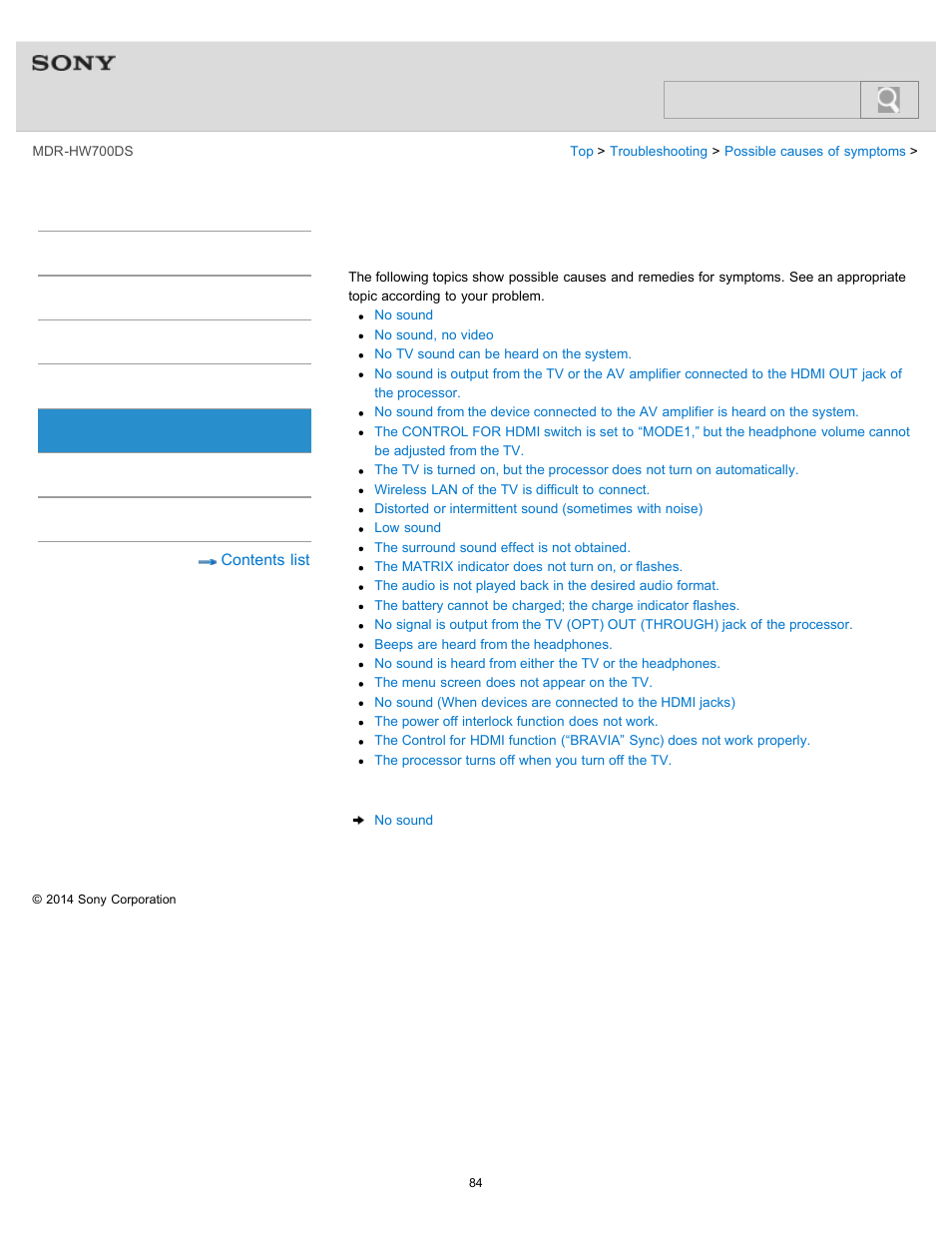 Table of contents for symptoms and possible causes, Details, Help guide | Sony MDR-HW700DS User Manual | Page 88 / 117