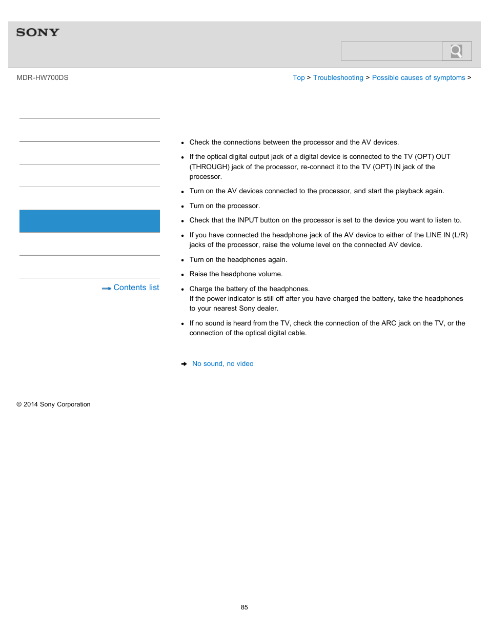 No sound, Help guide, Search | Sony MDR-HW700DS User Manual | Page 89 / 117