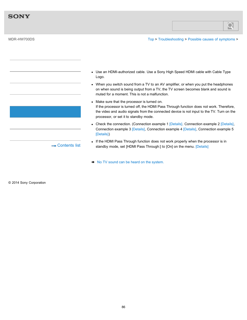 No sound, no video, Help guide, Search | Sony MDR-HW700DS User Manual | Page 90 / 117