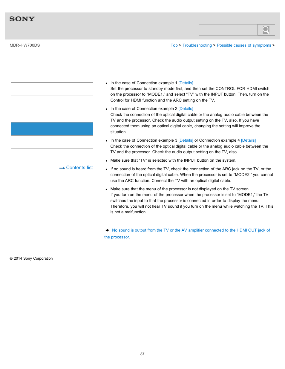 No tv sound can be heard on the system, Help guide, Search | Sony MDR-HW700DS User Manual | Page 91 / 117