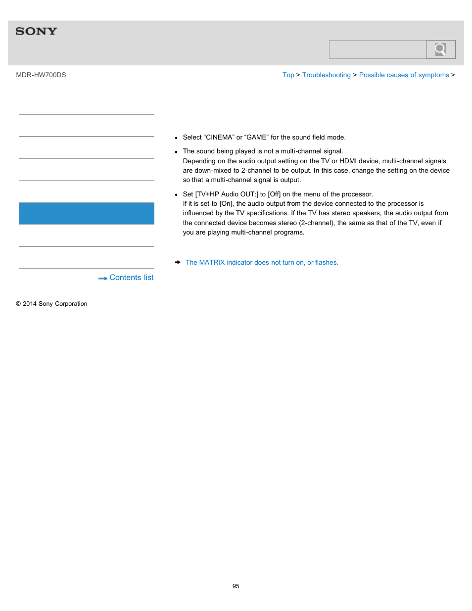 The surround sound effect is not obtained, Help guide, Search | Sony MDR-HW700DS User Manual | Page 99 / 117