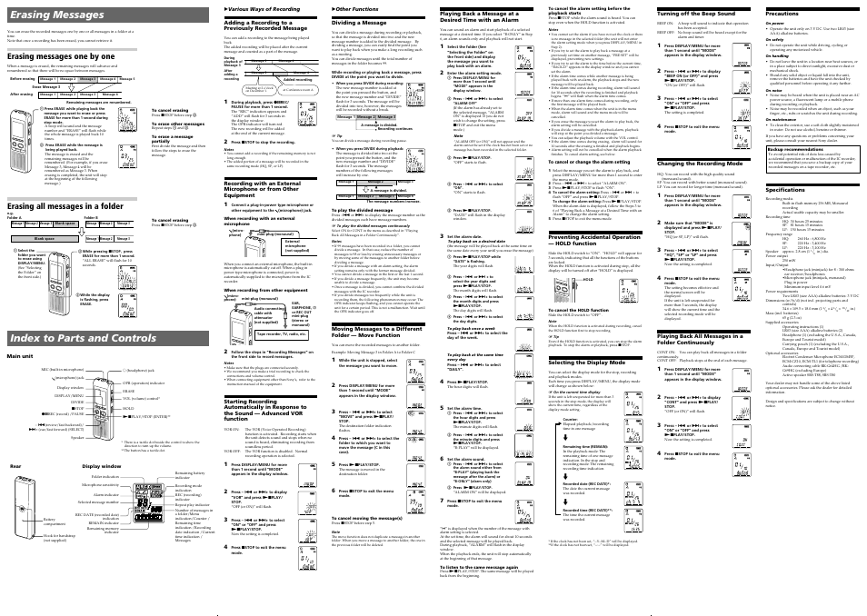 Erasing messages, Index to parts and controls, Erasing messages one by one | Erasing all messages in a folder | Sony ICD-B500 User Manual | Page 2 / 2