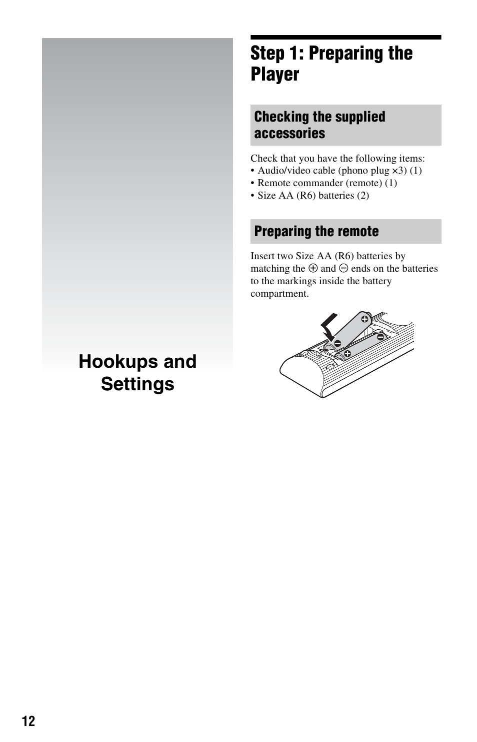 Hookups and settings, Step 1: preparing the player, Hookups and settings step 1: preparing the player | Sony BDP-S1700ES User Manual | Page 12 / 39