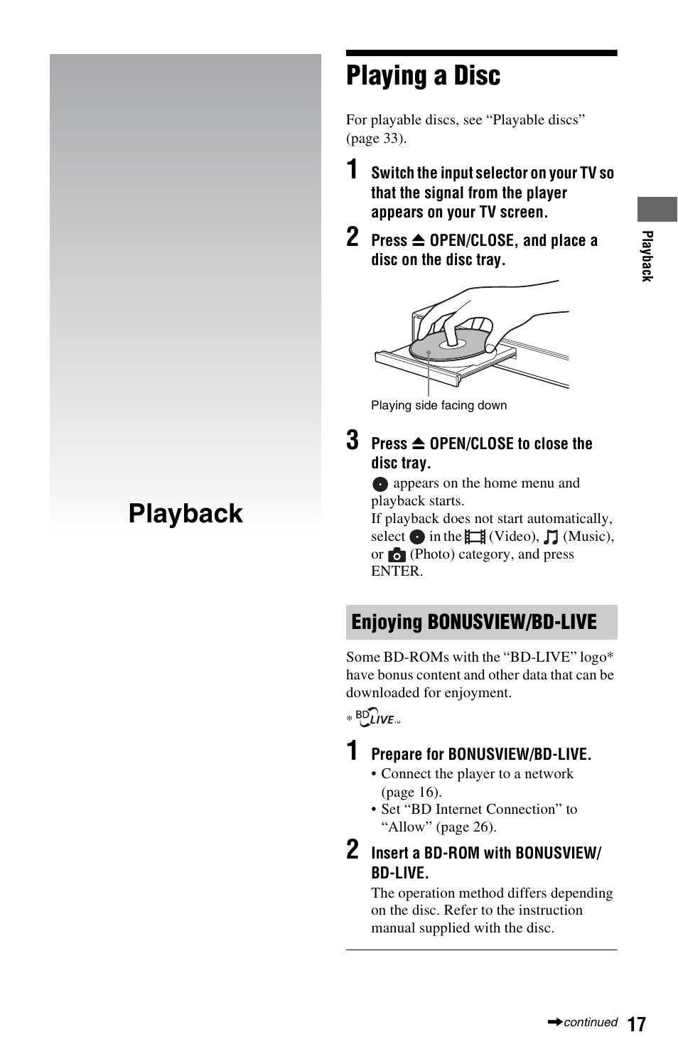 Playback, Playing a disc, Playback playing a disc | Enjoying bonusview/bd-live | Sony BDP-S1700ES User Manual | Page 17 / 39