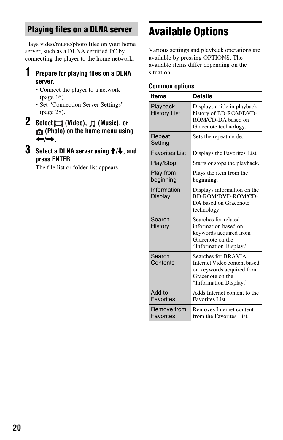 Available options, Playing files on a dlna server | Sony BDP-S1700ES User Manual | Page 20 / 39