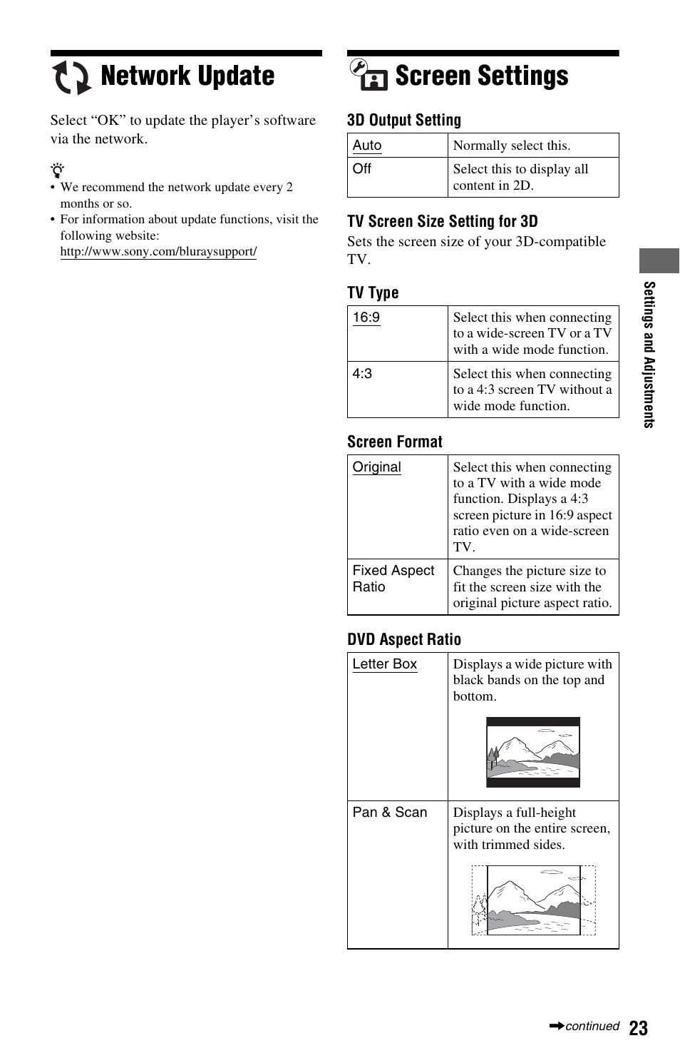 Network update, Screen settings, Network update screen settings | Sony BDP-S1700ES User Manual | Page 23 / 39