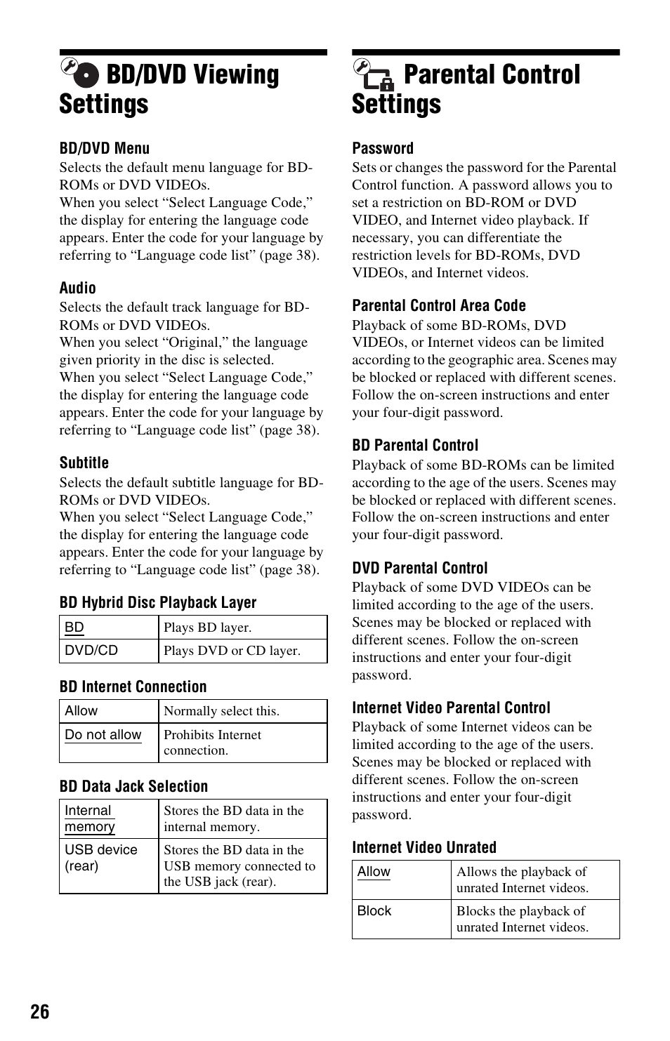 Bd/dvd viewing settings, Parental control settings, Bd/dvd viewing settings parental control settings | Sony BDP-S1700ES User Manual | Page 26 / 39