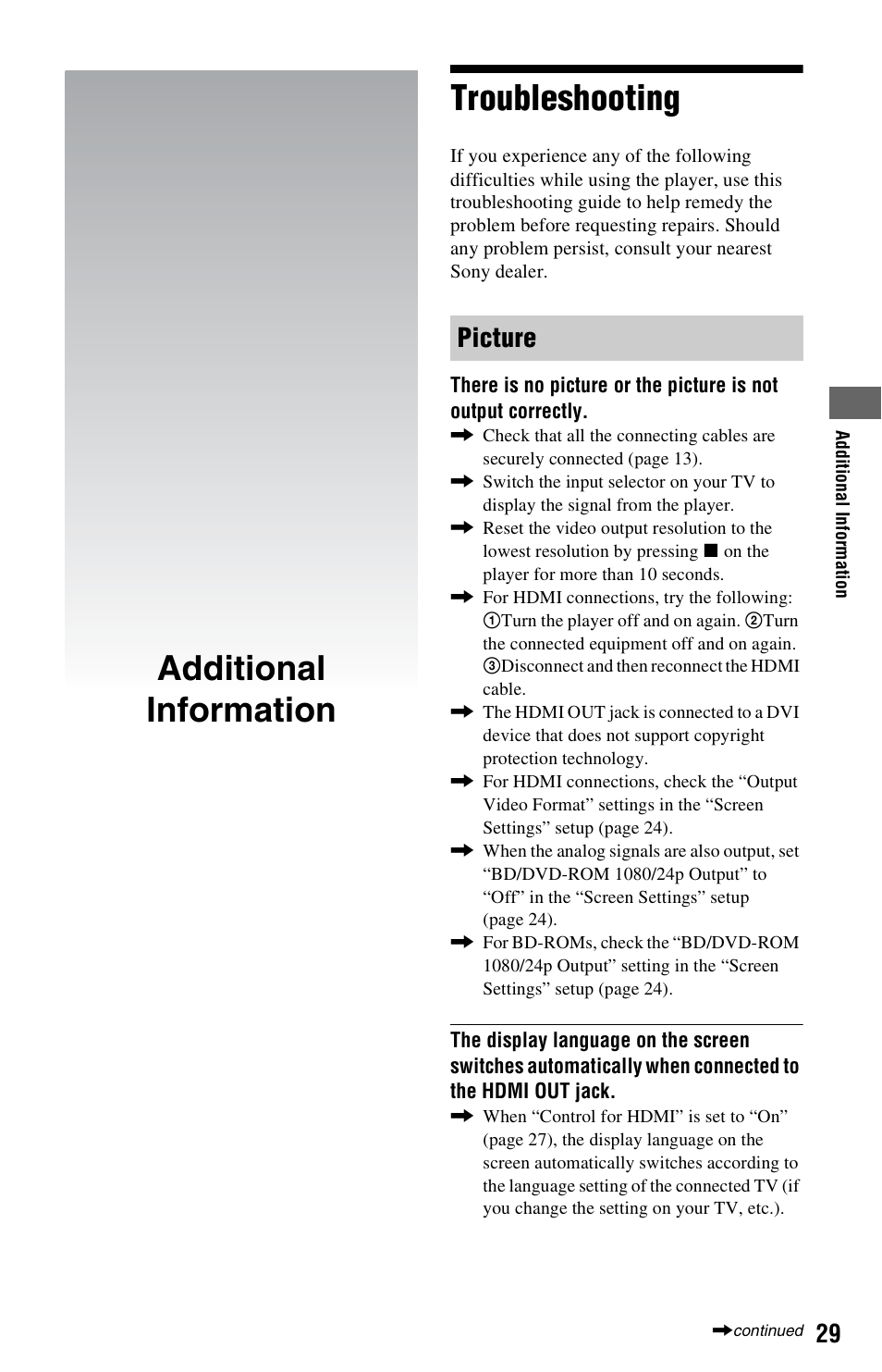 Additional information, Troubleshooting, Additional information troubleshooting | Picture | Sony BDP-S1700ES User Manual | Page 29 / 39