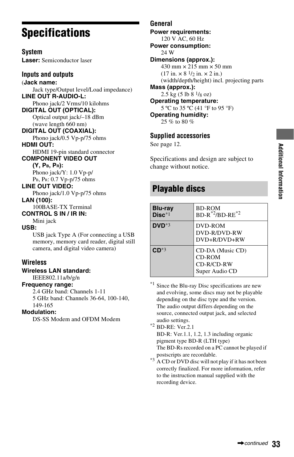 Specifications, E “playable discs, Playable discs | Sony BDP-S1700ES User Manual | Page 33 / 39