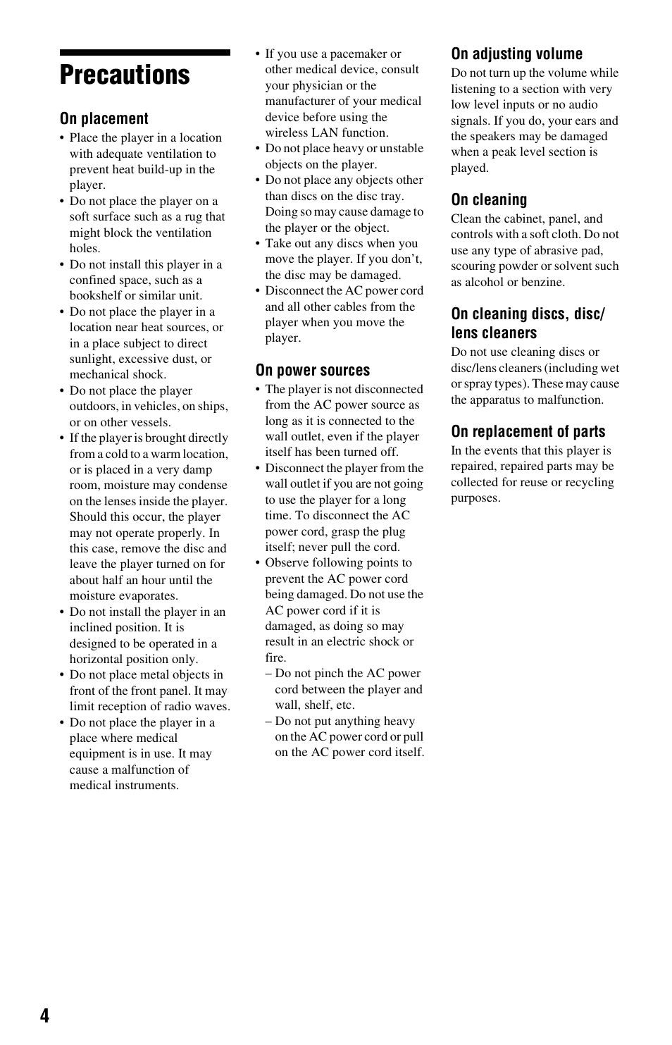 Precautions | Sony BDP-S1700ES User Manual | Page 4 / 39