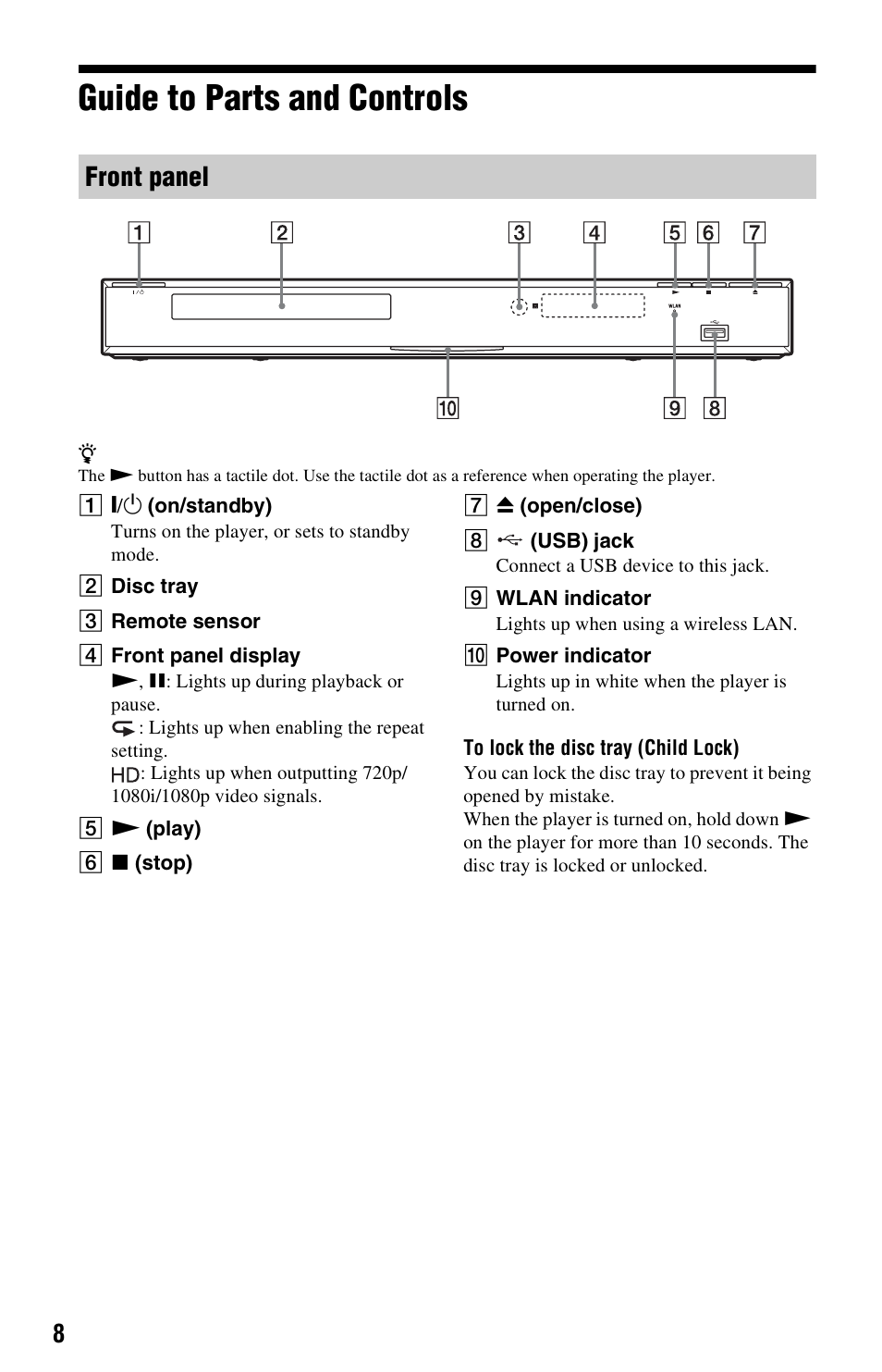 Guide to parts and controls, Front panel | Sony BDP-S1700ES User Manual | Page 8 / 39