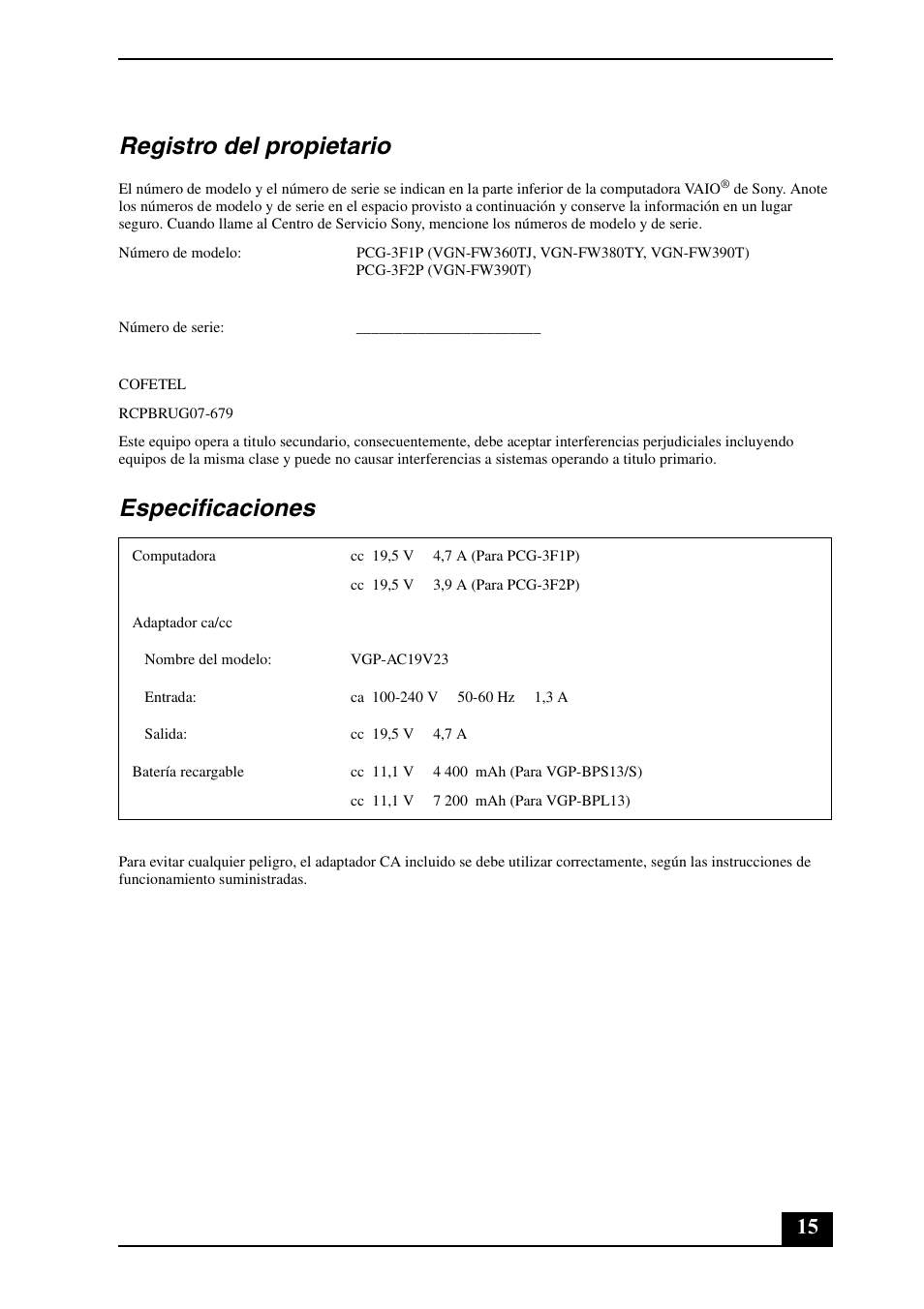 Registro del propietario, Especificaciones | Sony VGN-FW340J User Manual | Page 15 / 24