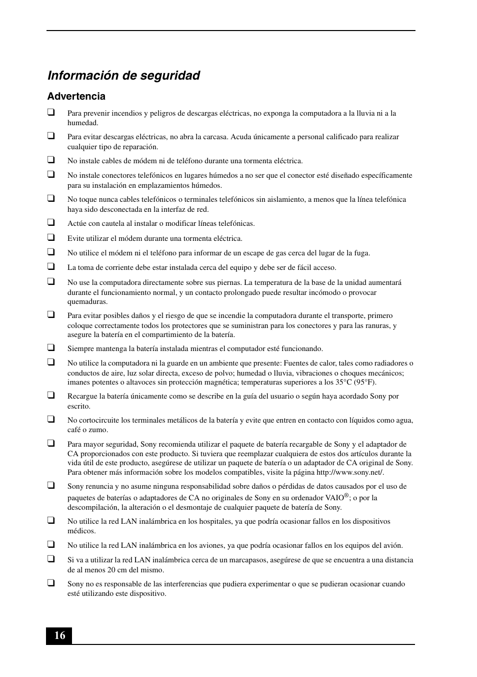 Información de seguridad | Sony VGN-FW340J User Manual | Page 16 / 24