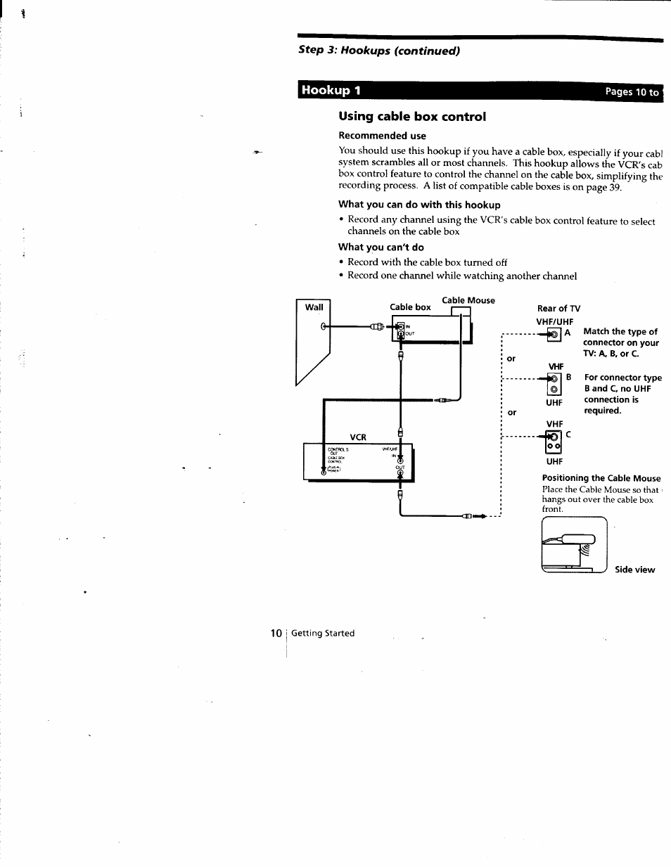Using cable box control, Recommended use, What you can do with this hookup | What you can't do, Cable mouse, Side view, Step, 1 hookup 1 | Sony SLV-788HF User Manual | Page 10 / 88