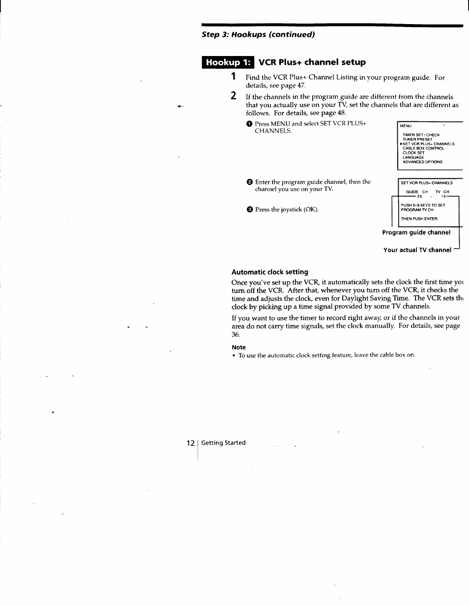 Vcr plus-i- channel setup, Program guide channel, Your actual tv channel | Automatic clock setting, Note, Hookup 1: vcr plus-i- channel setup | Sony SLV-788HF User Manual | Page 12 / 88