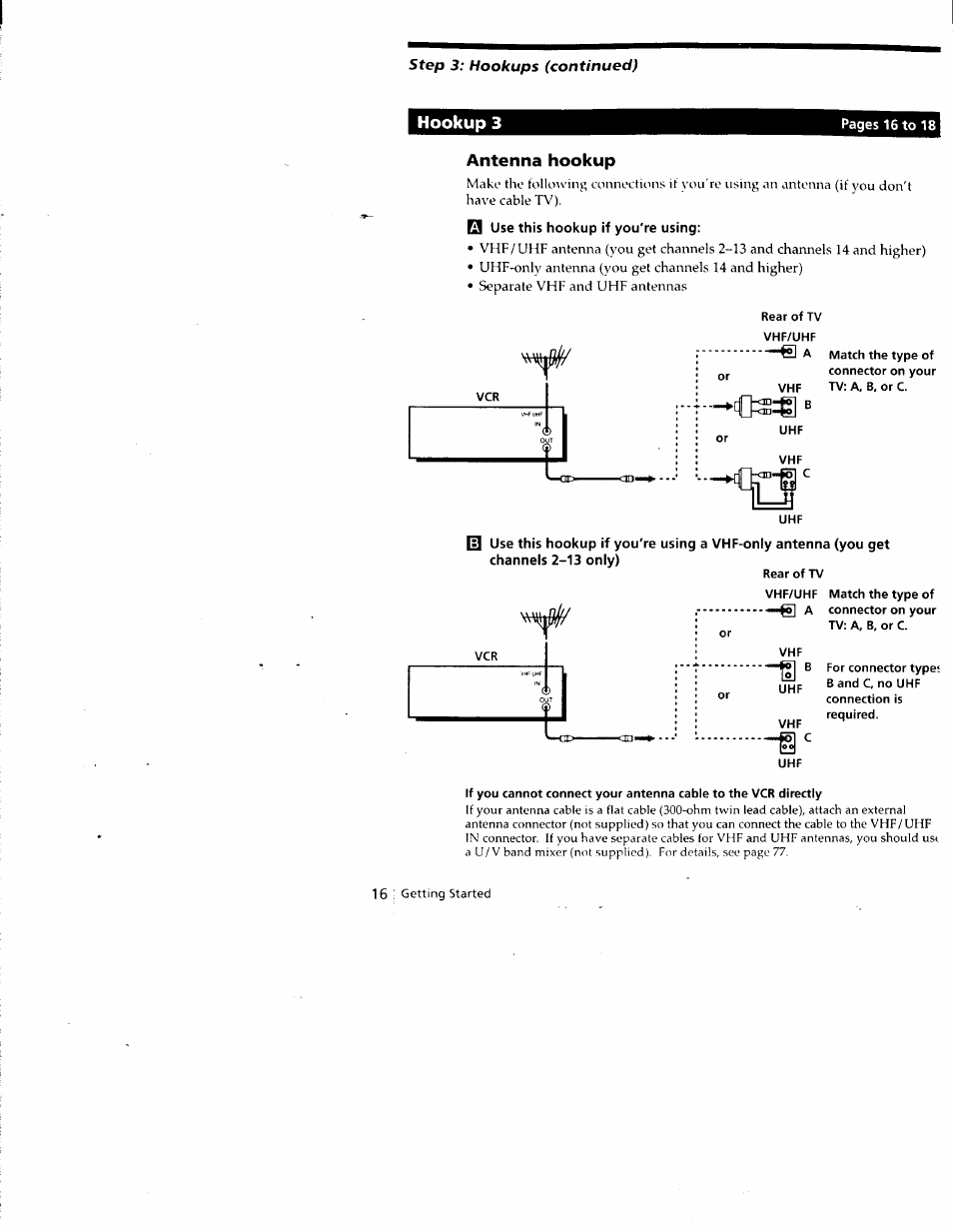 Antenna hookup, Q use this hookup if you're using, Hookup 3 | Sony SLV-788HF User Manual | Page 16 / 88
