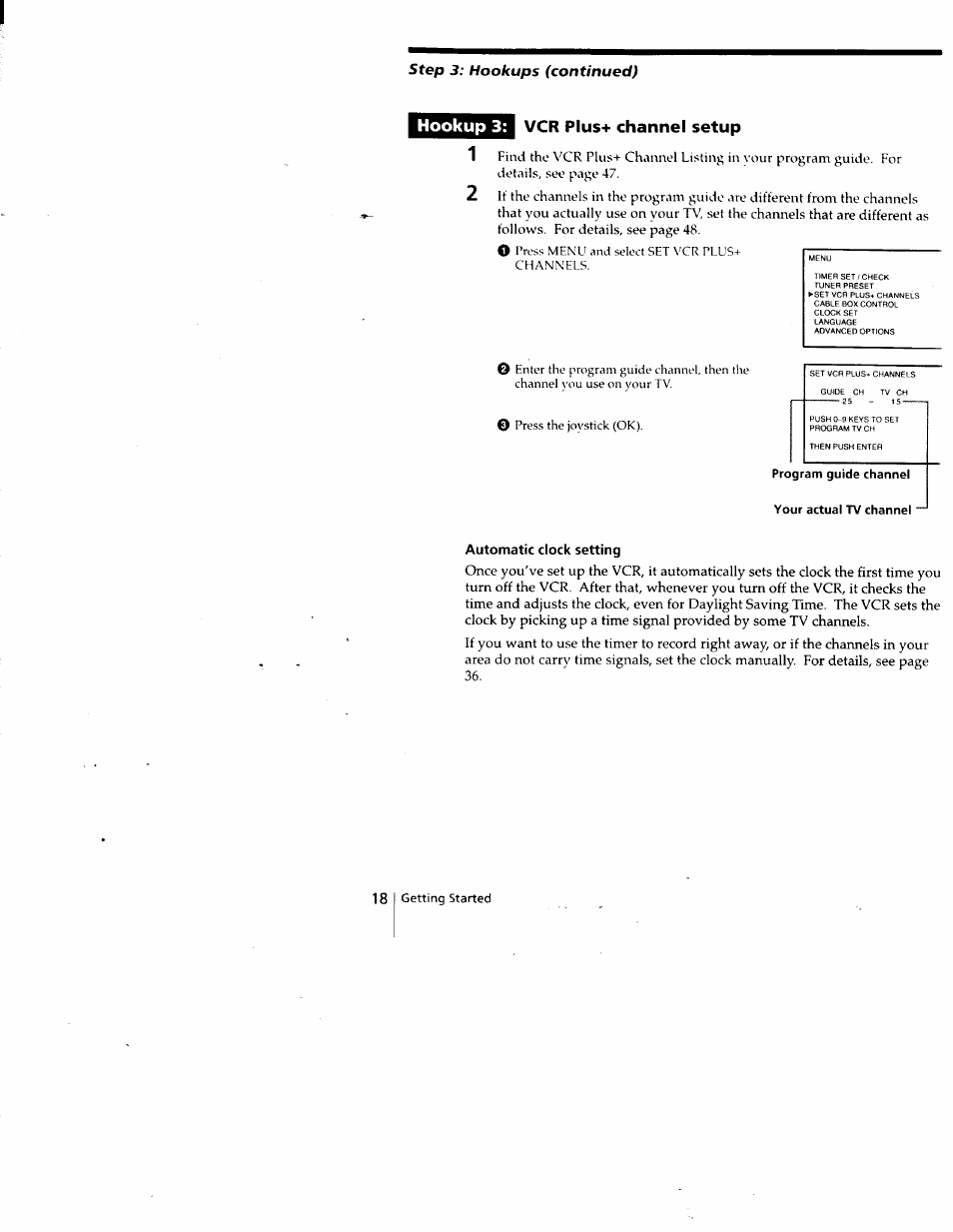 Vcr plus+ channel setup, Program guide channel, Your actual tv channel | Automatic clock setting, Hookup 3: vcr plus+ channel setup | Sony SLV-788HF User Manual | Page 18 / 88