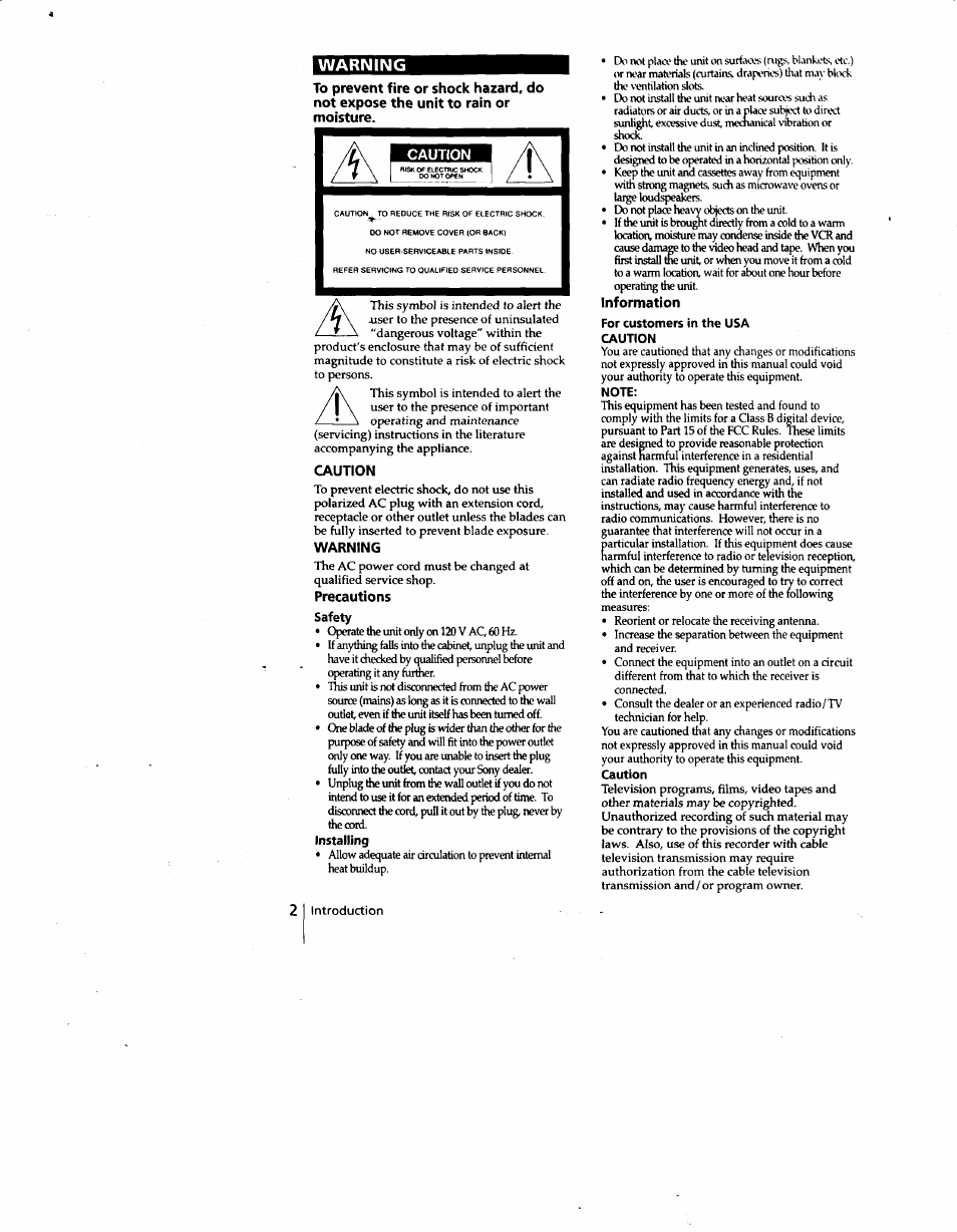 Warning, Caution, Precautions | Safety, Installing, Information, For customers in the usa caution, Note | Sony SLV-788HF User Manual | Page 2 / 88