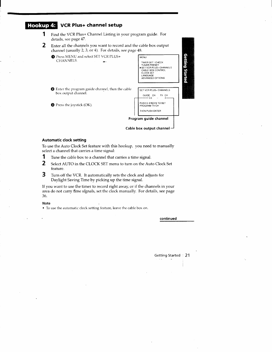 Vcr plus+ channel setup, Automatic clock setting, Note | Continued | Sony SLV-788HF User Manual | Page 21 / 88