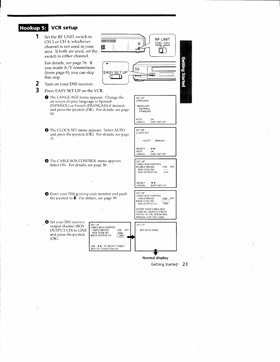 Hookup 5, Vcr setup, Normal display | Hookup 5: vcr setup | Sony SLV-788HF User Manual | Page 23 / 88