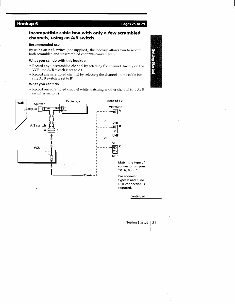 Hookup 6, Recommended use, What you can do with this hookup | What you can't do, Rear of tv vhf/uhf, Continued | Sony SLV-788HF User Manual | Page 25 / 88