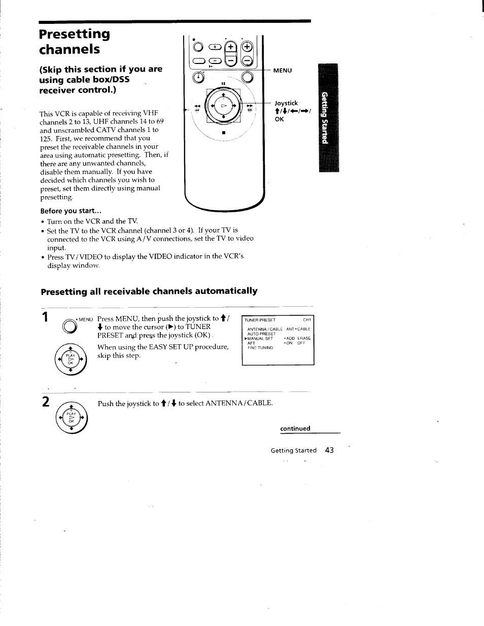 Presetting, Channels, Before you start | Presetting all receivable channels automatically, Continued, Presetting channels | Sony SLV-788HF User Manual | Page 43 / 88