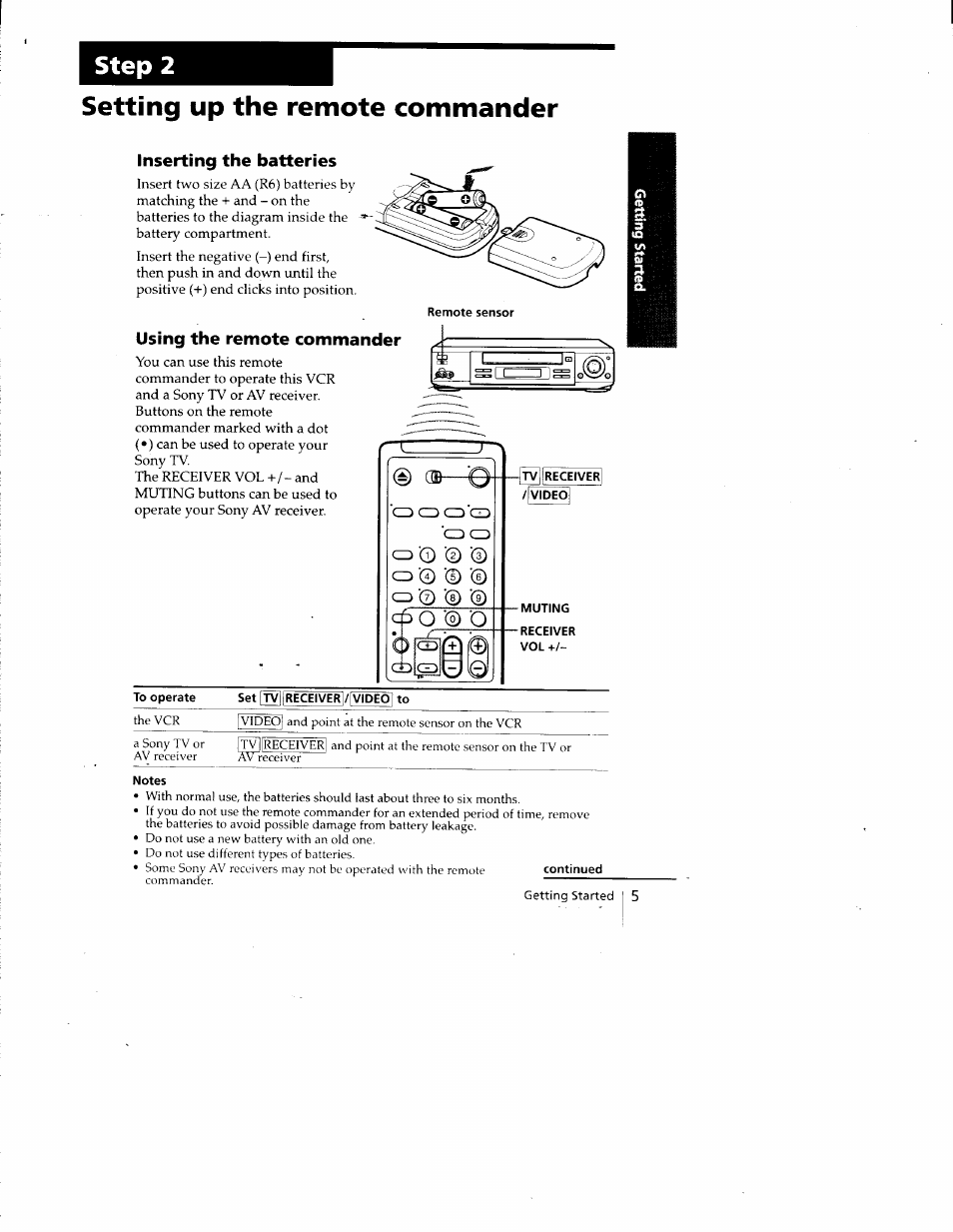 Step 2, Setting up the remote commander, Inserting the batteries | Using the remote commander, Tv receiver, Video, Step 2 setting up the remote commander | Sony SLV-788HF User Manual | Page 5 / 88