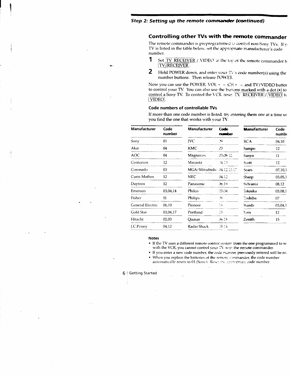 Controlling other tvs with the remote commander, Code numbers of controllable tvs, Notes | Sony SLV-788HF User Manual | Page 6 / 88