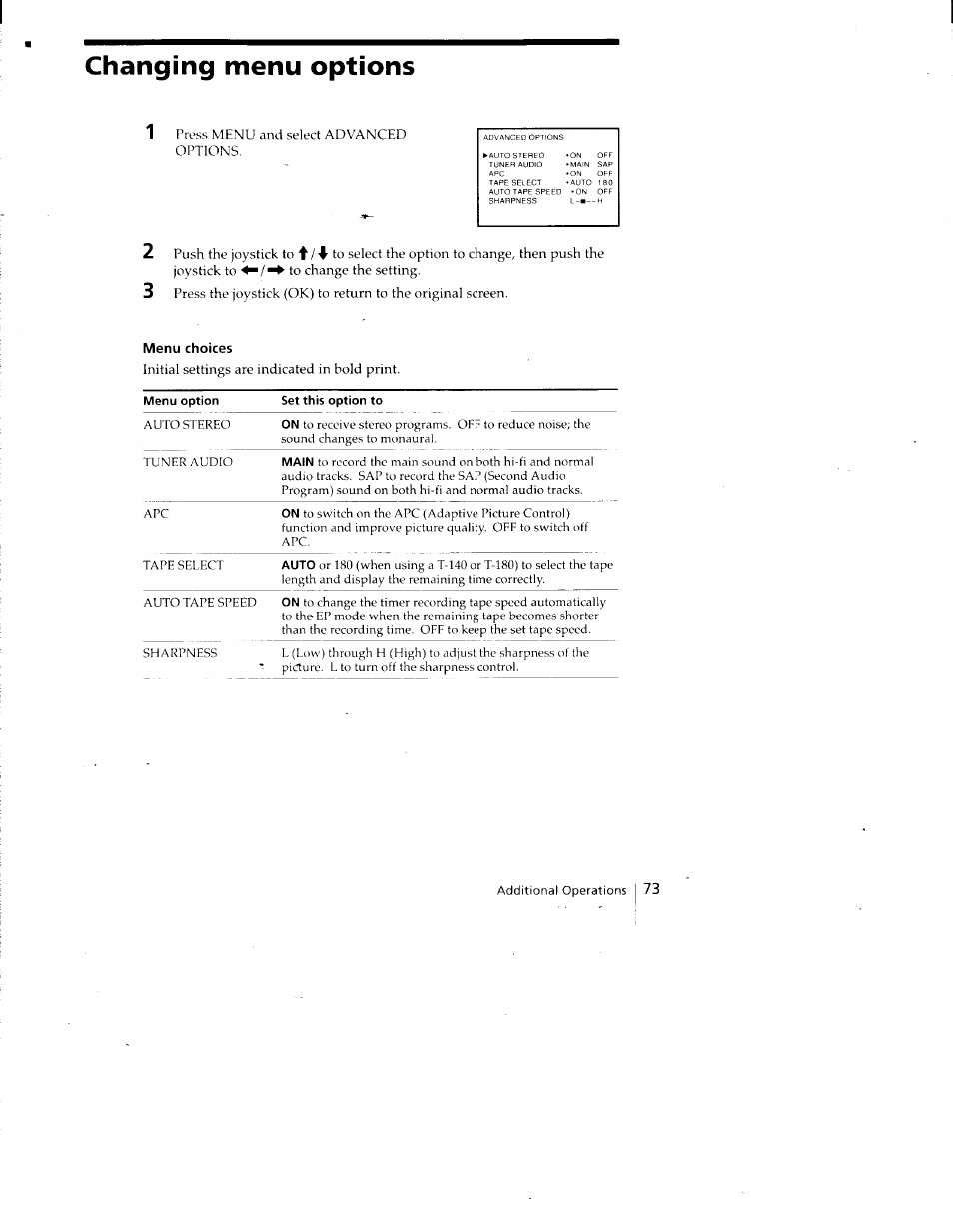 Changing menu options, Menu choices, Menu option | Set this option to | Sony SLV-788HF User Manual | Page 73 / 88