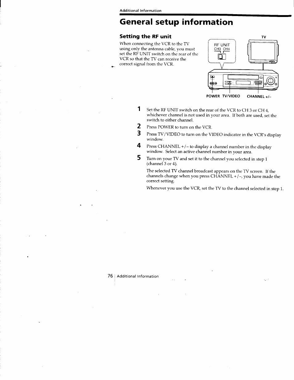 Additional information, General setup information, Setting the rf unit | Sony SLV-788HF User Manual | Page 76 / 88