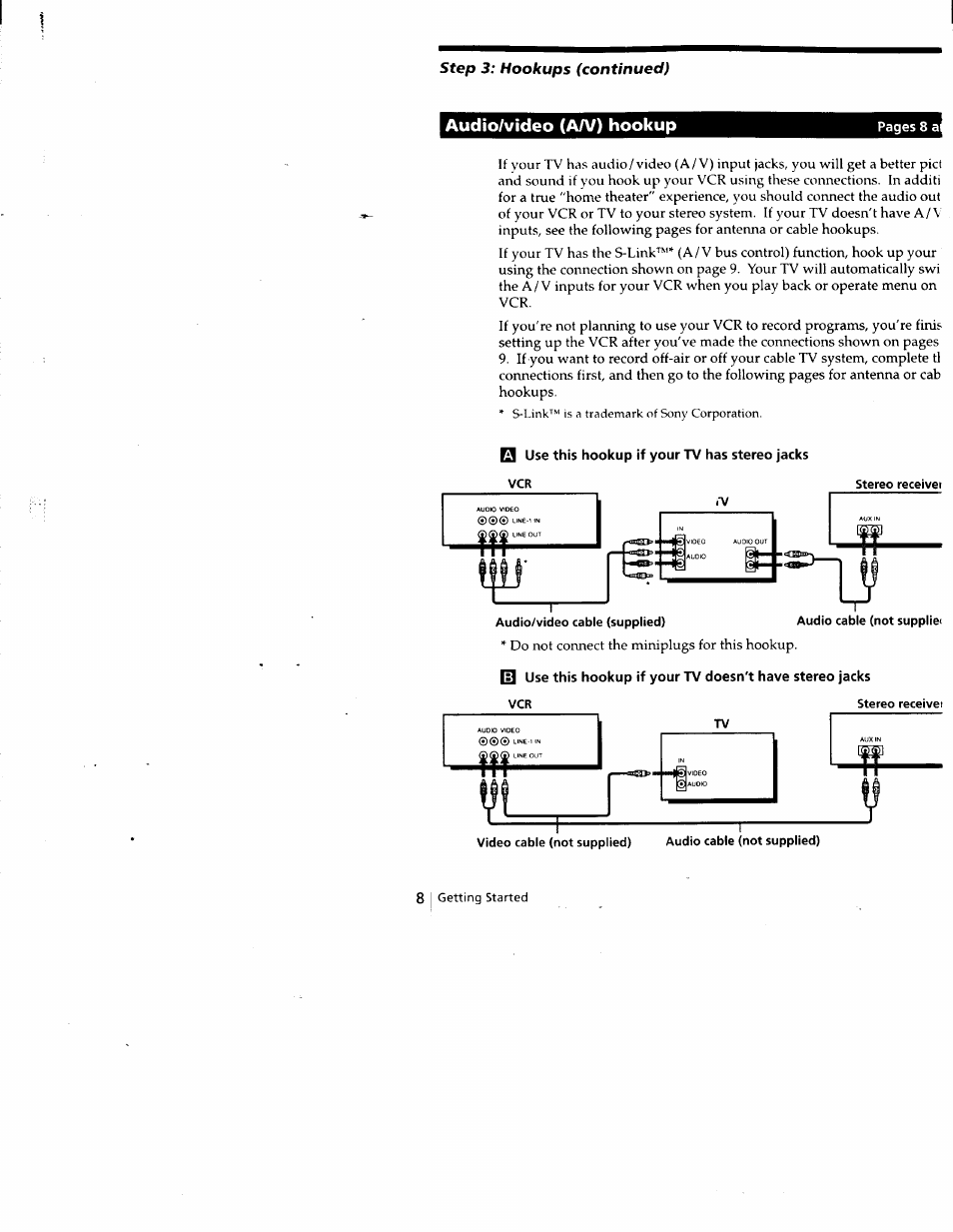 Use this hookup if your tv has stereo jacks, Audio/video (aa/) hookup | Sony SLV-788HF User Manual | Page 8 / 88