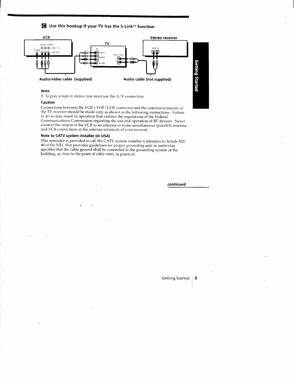 Vcr stereo receiver, Note, Caution | Note to catv system installer (in usa), Continued | Sony SLV-788HF User Manual | Page 9 / 88