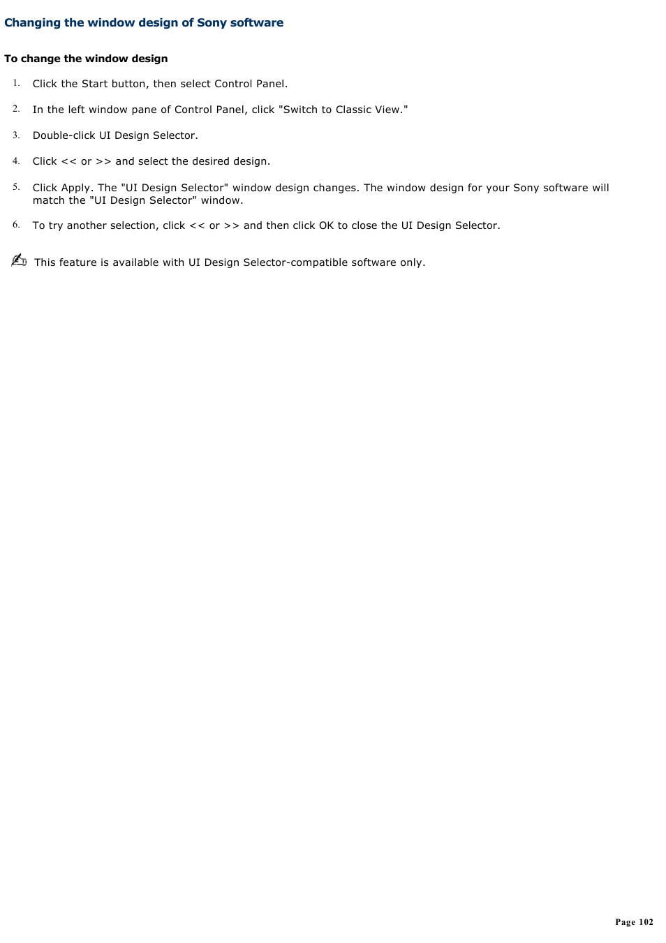 Changing the window design of sony software | Sony PCG-SRX99 User Manual | Page 102 / 182