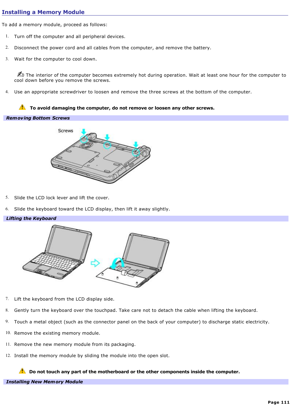 Installing a memory module | Sony PCG-SRX99 User Manual | Page 111 / 182