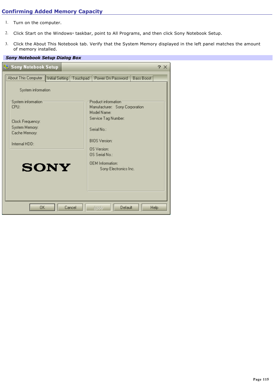 Confirming added memory capacity | Sony PCG-SRX99 User Manual | Page 115 / 182