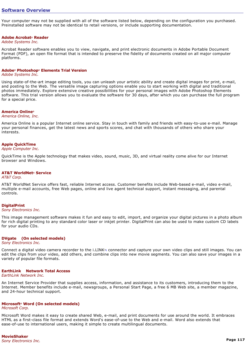 Software overview | Sony PCG-SRX99 User Manual | Page 117 / 182