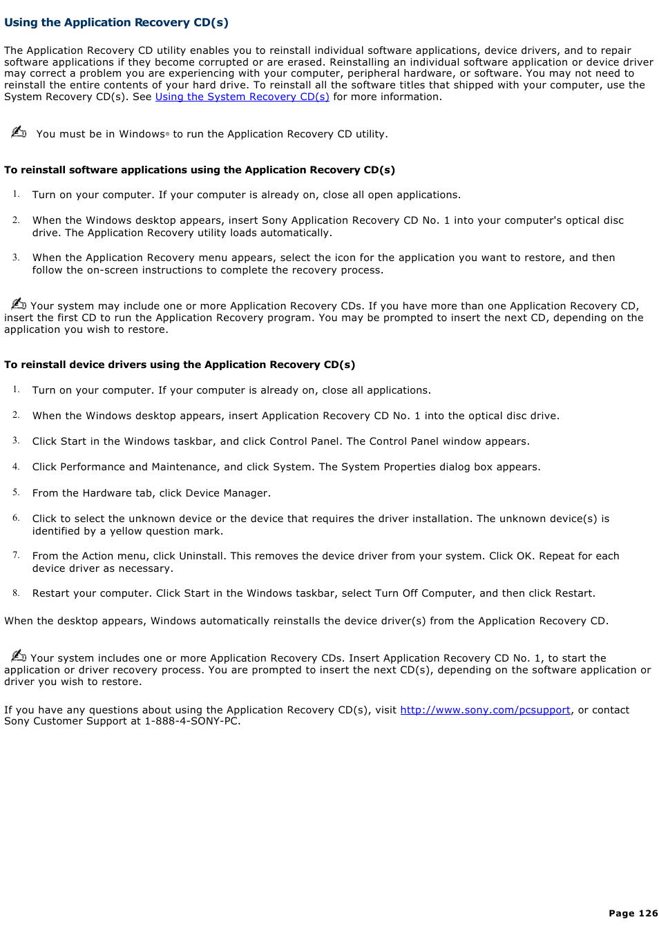 Using the application recovery cd(s) | Sony PCG-SRX99 User Manual | Page 126 / 182