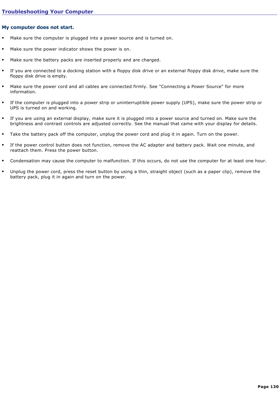 Troubleshooting your computer | Sony PCG-SRX99 User Manual | Page 130 / 182