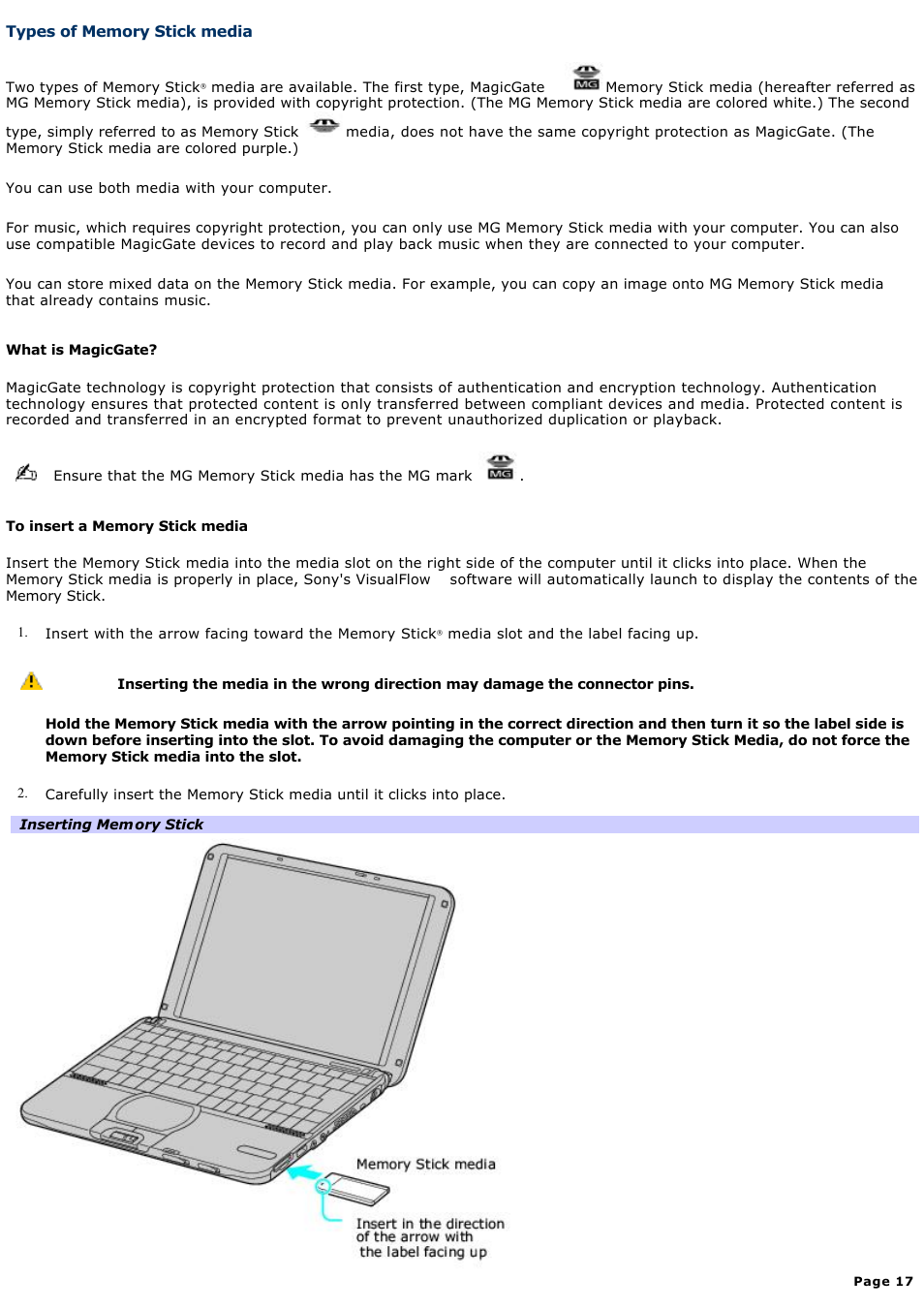 Types of memory stick media | Sony PCG-SRX99 User Manual | Page 17 / 182