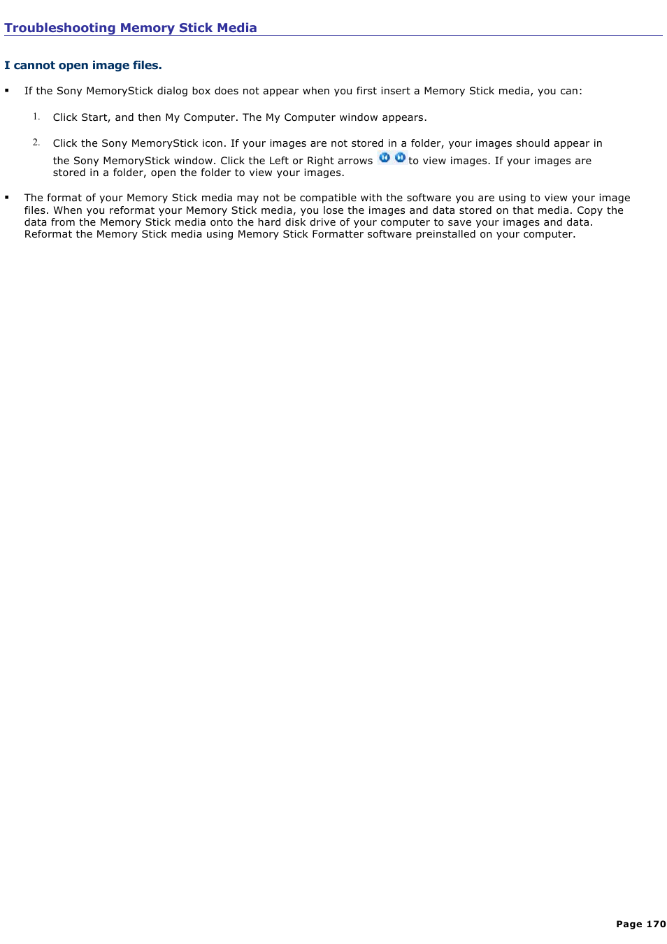 Troubleshooting memory stick media | Sony PCG-SRX99 User Manual | Page 170 / 182