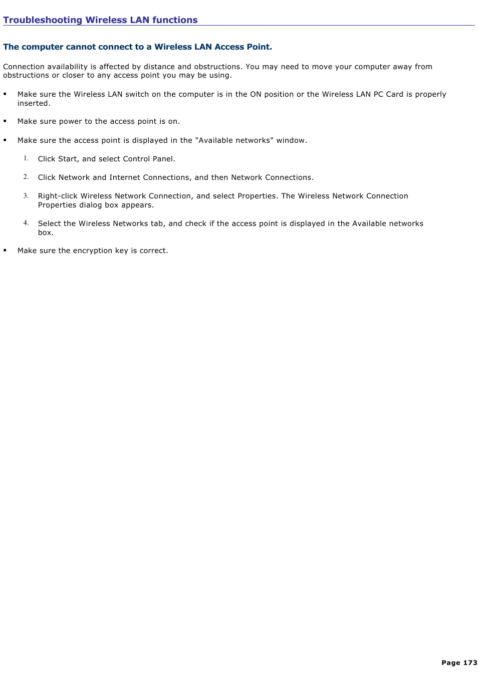 Troubleshooting wireless lan functions | Sony PCG-SRX99 User Manual | Page 173 / 182