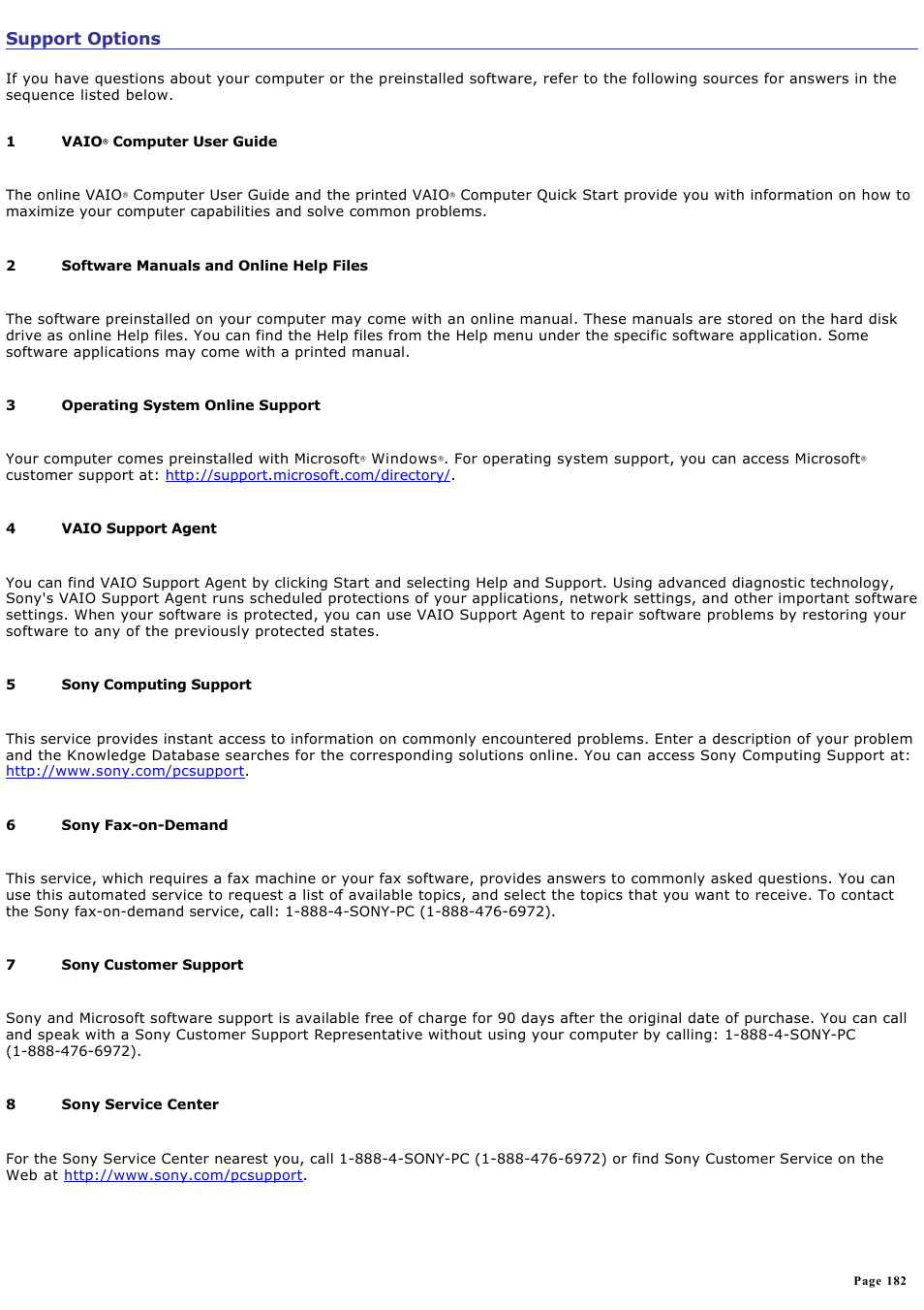 Support options | Sony PCG-SRX99 User Manual | Page 182 / 182