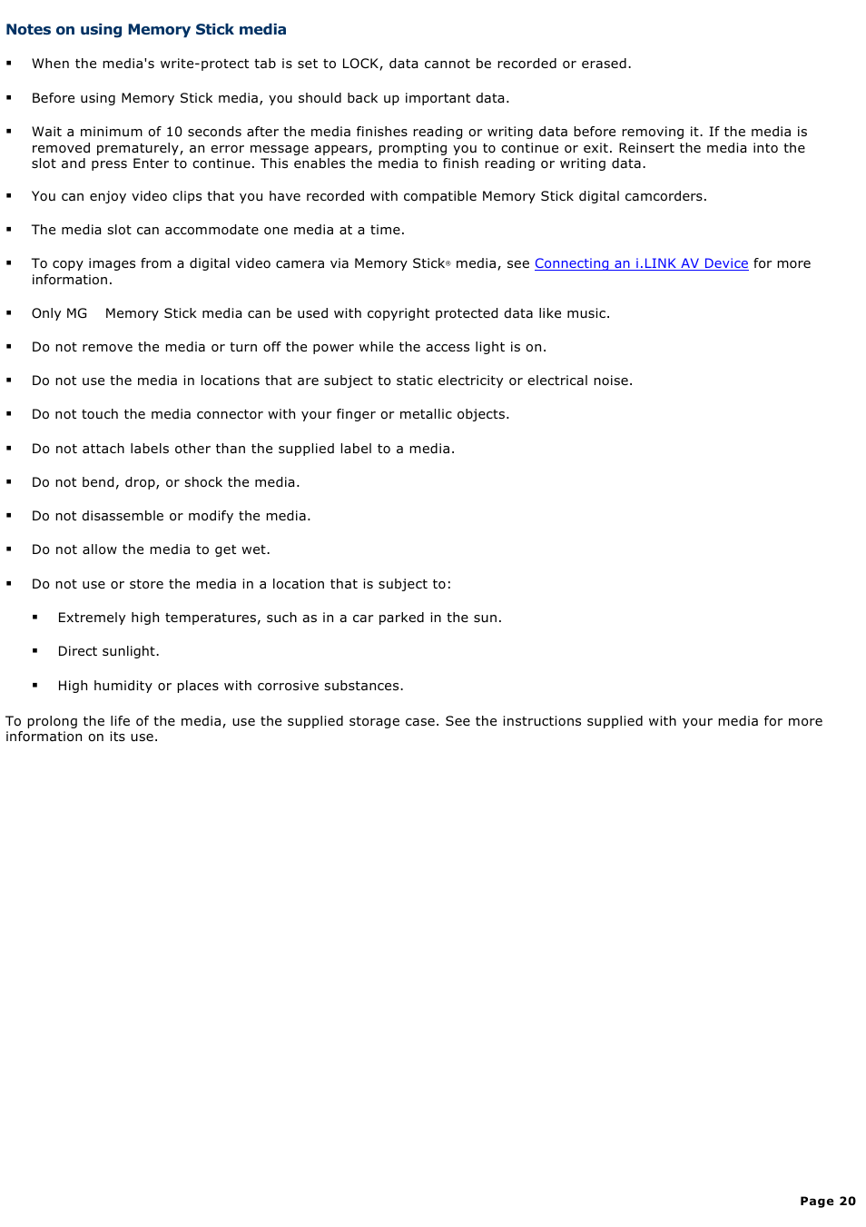 Notes on using memory stick media | Sony PCG-SRX99 User Manual | Page 20 / 182