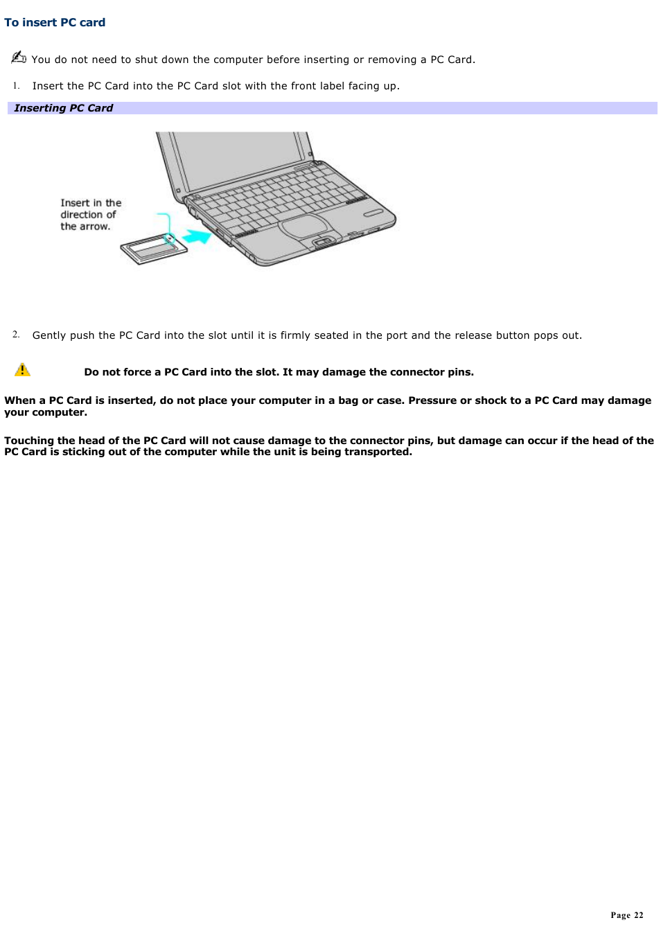 To insert pc card | Sony PCG-SRX99 User Manual | Page 22 / 182