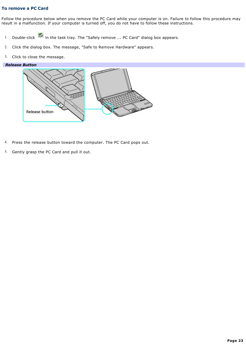 To remove a pc card | Sony PCG-SRX99 User Manual | Page 23 / 182