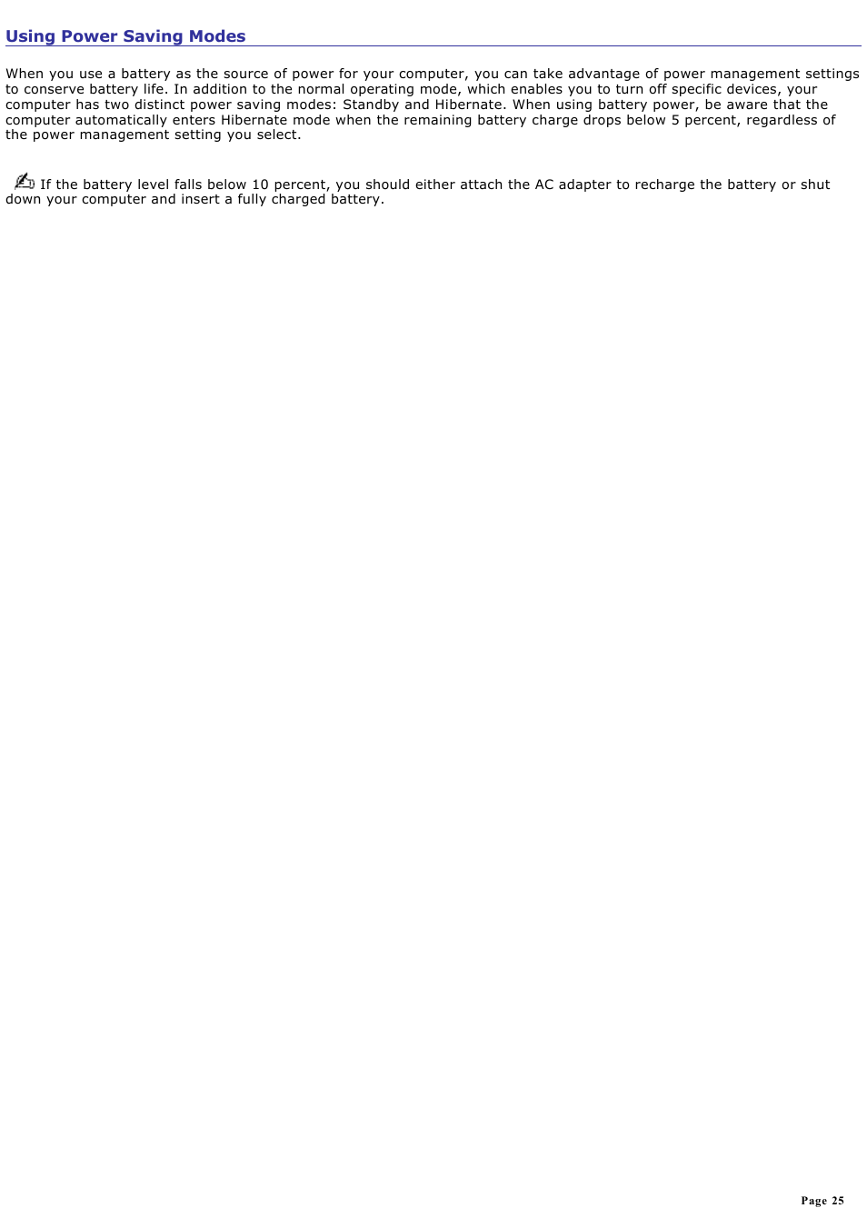 Using power saving modes | Sony PCG-SRX99 User Manual | Page 25 / 182