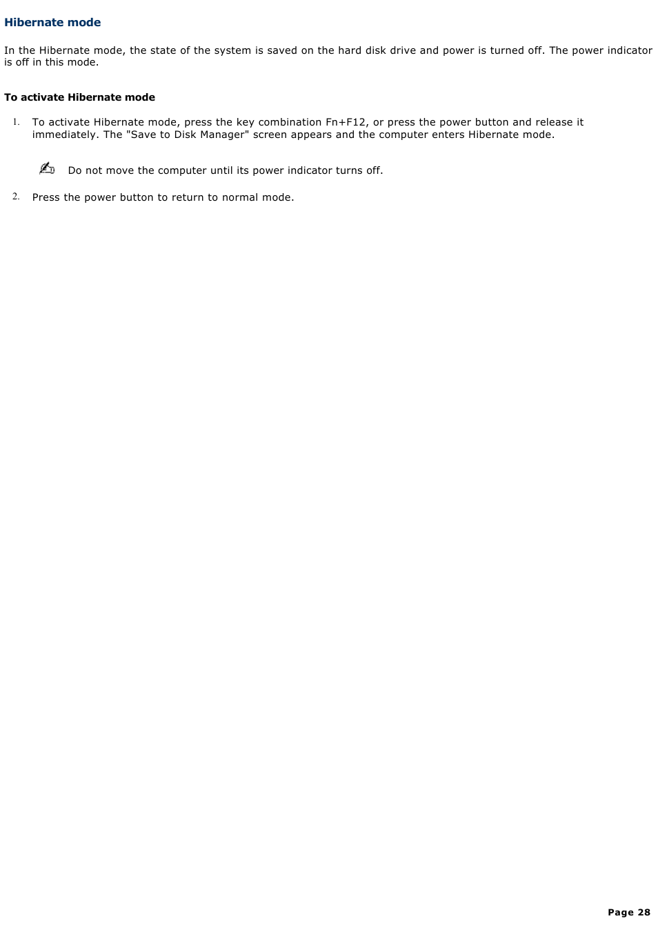 Hibernate mode | Sony PCG-SRX99 User Manual | Page 28 / 182