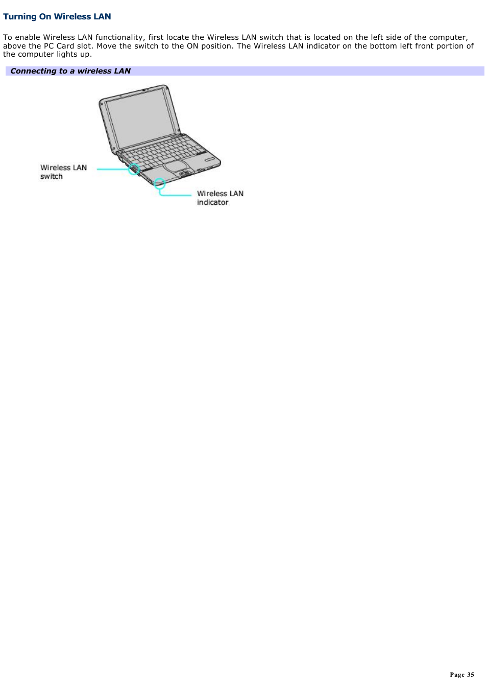 Turning on wireless lan | Sony PCG-SRX99 User Manual | Page 35 / 182